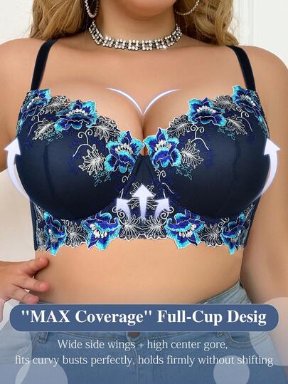 mimilemon Soutien-gorge de grande taille pour femmes bleu marine avec broderie florale - Soutien ample et confortable