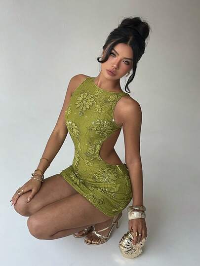 Aloruh Robe mini élégante et dos nu, convenant pour la Saint-Valentin, le mariage, la plage, les fêtes. Couleur unie verte avec broderie florale 3D