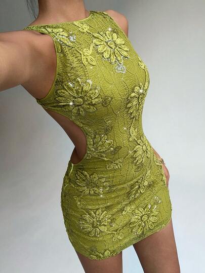 Aloruh Robe mini élégante et dos nu, convenant pour la Saint-Valentin, le mariage, la plage, les fêtes. Couleur unie verte avec broderie florale 3D