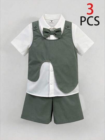 3 pièces Ensemble garçon décontracté confortable, chemise à col polo à manches courtes, veste sans manches verte, short. Tenue de gentleman, survêtement, style Y2K, vêtements pour tout-petits garçons, short d'été, convient pour le printemps/été, sorties,