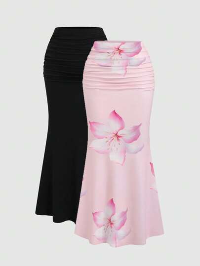 Sweetra 2 pièces Ensemble jupe sirène de couleur unie élégante et jupe à imprimé floral pour femmes