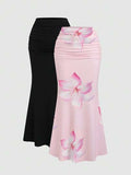 Sweetra 2 pièces Ensemble jupe sirène de couleur unie élégante et jupe à imprimé floral pour femmes