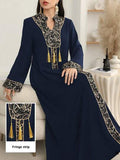 Al Najma Cardigan long à imprimé patchwork de couleur unie avec bordure dorée et pendentif
