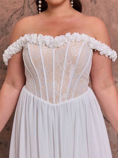 Robe longue élégante en mousseline de soie blanche avec dentelle, épaules dénudées, coupe trapèze, avec bordure à volants, adaptée pour les mariages d'été, les fêtes, les vacances et les festivals, pour femmes grandes tailles