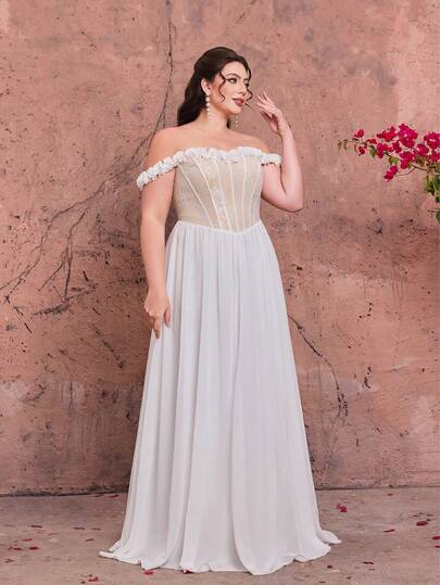 Robe longue élégante en mousseline de soie blanche avec dentelle, épaules dénudées, coupe trapèze, avec bordure à volants, adaptée pour les mariages d'été, les fêtes, les vacances et les festivals, pour femmes grandes tailles