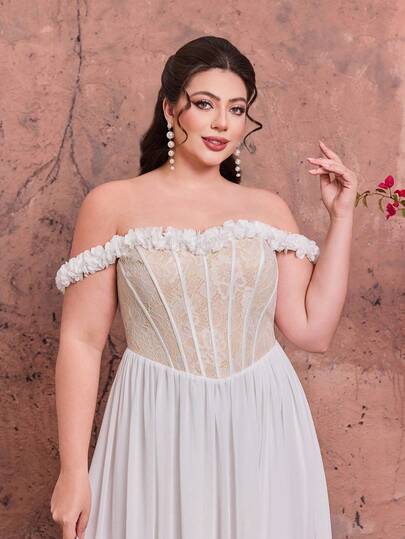 Robe longue élégante en mousseline de soie blanche avec dentelle, épaules dénudées, coupe trapèze, avec bordure à volants, adaptée pour les mariages d'été, les fêtes, les vacances et les festivals, pour femmes grandes tailles