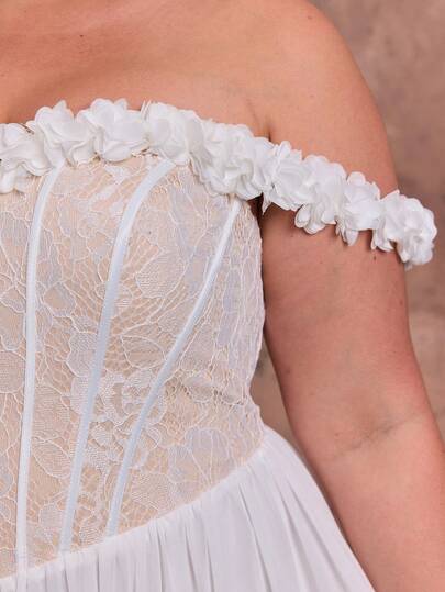 Robe longue élégante en mousseline de soie blanche avec dentelle, épaules dénudées, coupe trapèze, avec bordure à volants, adaptée pour les mariages d'été, les fêtes, les vacances et les festivals, pour femmes grandes tailles