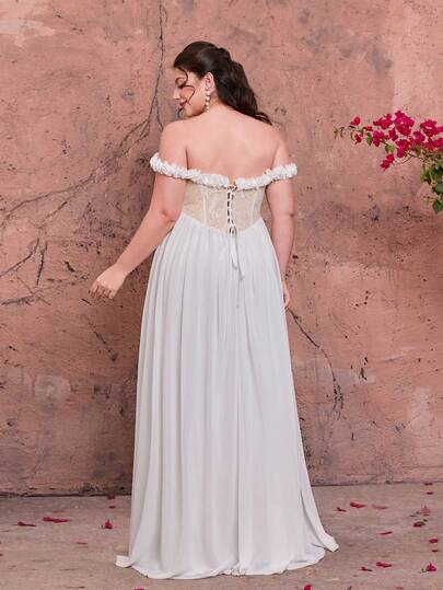 Robe longue élégante en mousseline de soie blanche avec dentelle, épaules dénudées, coupe trapèze, avec bordure à volants, adaptée pour les mariages d'été, les fêtes, les vacances et les festivals, pour femmes grandes tailles