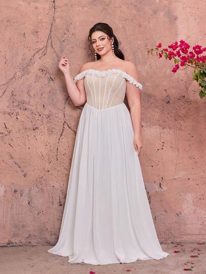 Robe longue élégante en mousseline de soie blanche avec dentelle, épaules dénudées, coupe trapèze, avec bordure à volants, adaptée pour les mariages d'été, les fêtes, les vacances et les festivals, pour femmes grandes tailles