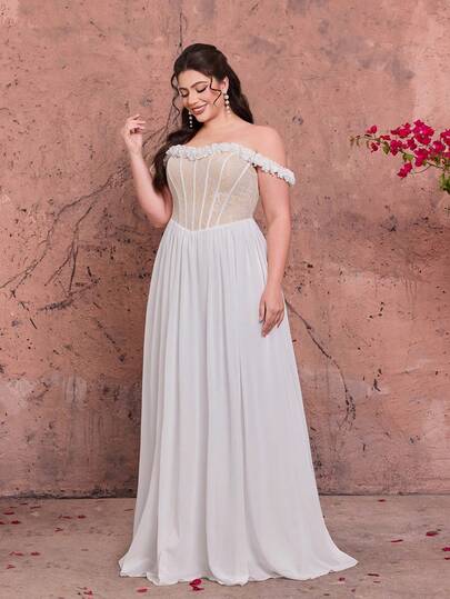 Robe longue élégante en mousseline de soie blanche avec dentelle, épaules dénudées, coupe trapèze, avec bordure à volants, adaptée pour les mariages d'été, les fêtes, les vacances et les festivals, pour femmes grandes tailles