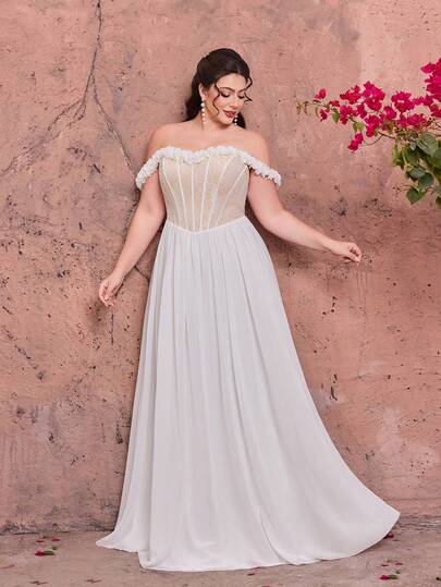 Robe longue élégante en mousseline de soie blanche avec dentelle, épaules dénudées, coupe trapèze, avec bordure à volants, adaptée pour les mariages d'été, les fêtes, les vacances et les festivals, pour femmes grandes tailles