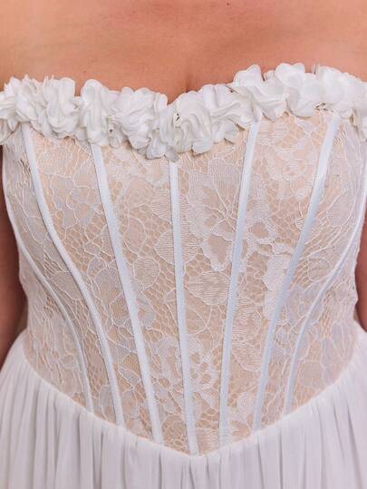 Robe longue élégante en mousseline de soie blanche avec dentelle, épaules dénudées, coupe trapèze, avec bordure à volants, adaptée pour les mariages d'été, les fêtes, les vacances et les festivals, pour femmes grandes tailles