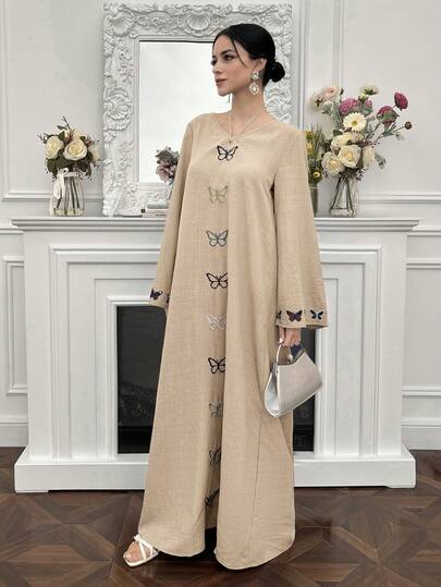 Yasmyna Robe maxi femme avec motif papillon, robe longue traditionnelle arabe
