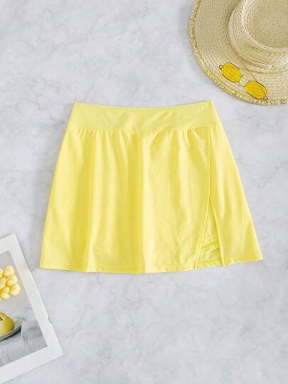 Swim Lushoire Maillot de bain et short de plage pour femmes, couleur unie jaune, design élégant et décontracté avec fente latérale, jupe-short d'été
