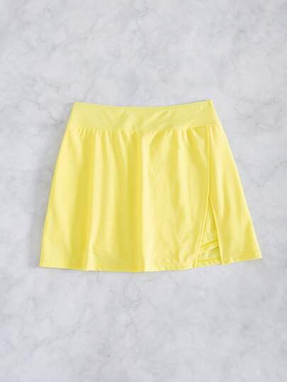 Swim Lushoire Maillot de bain et short de plage pour femmes, couleur unie jaune, design élégant et décontracté avec fente latérale, jupe-short d'été