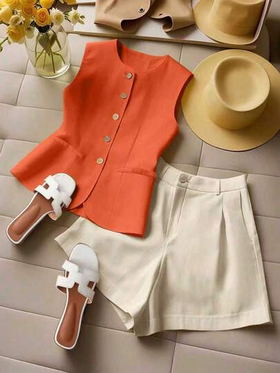 Franclia Ensemble 2 pièces de cardigan sans manches confortable pour les vacances, vêtements pour l'université