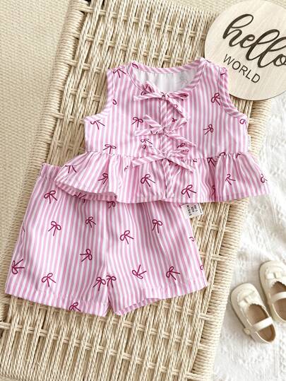Ensemble débardeur et short décontracté mignon rose et blanc rayé avec nœud pour bébé fille nouveau-né