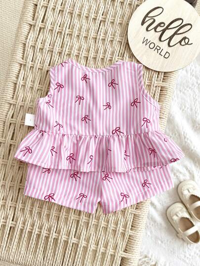 Ensemble débardeur et short décontracté mignon rose et blanc rayé avec nœud pour bébé fille nouveau-né