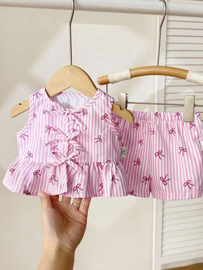 Ensemble débardeur et short décontracté mignon rose et blanc rayé avec nœud pour bébé fille nouveau-né