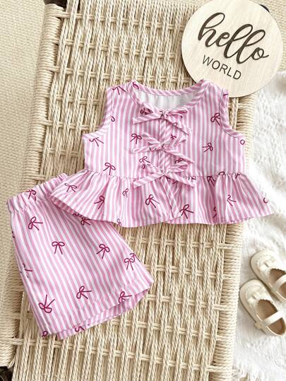 Ensemble débardeur et short décontracté mignon rose et blanc rayé avec nœud pour bébé fille nouveau-né