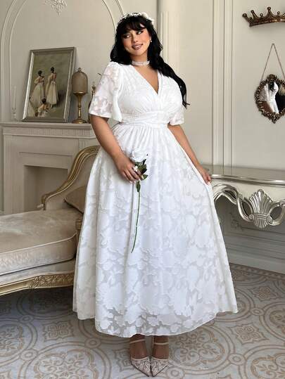 Vibekara Robe longue élégante à col en V, taille froncée, manches à volants en dentelle française florale en mousseline de soie. Convient pour les invités de mariage, les demoiselles d'honneur, les grandes tailles