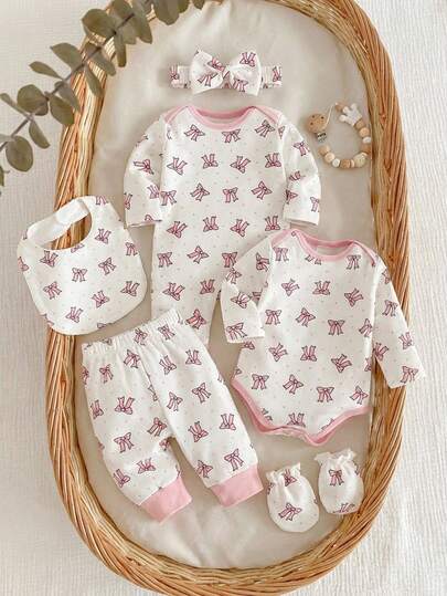 Ensemble de 3 pièces pour bébé fille nouveau-né, ensemble mignon avec nœud rose et imprimé floral