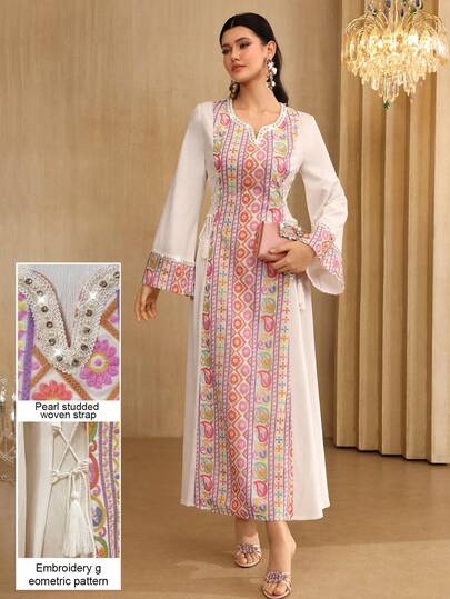 Al Najma Robe longue maxi avec empiècement en ruban perlé, col en U et franges, style traditionnel turc et arabe