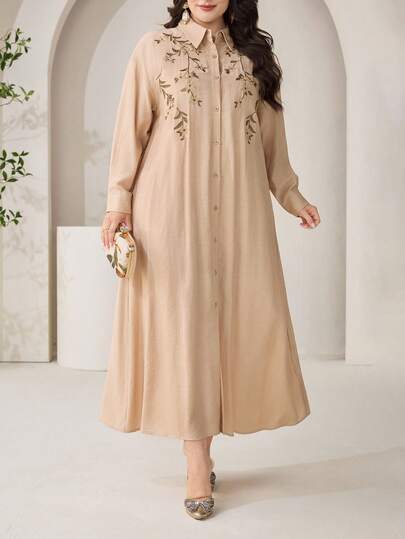 Veilorie Robe élégante et décontractée pour femmes grandes tailles, brodée, à manches longues, pour l'automne, tea party, brunch, formelle, beige
