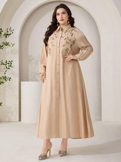 Veilorie Robe élégante et décontractée pour femmes grandes tailles, brodée, à manches longues, pour l'automne, tea party, brunch, formelle, beige