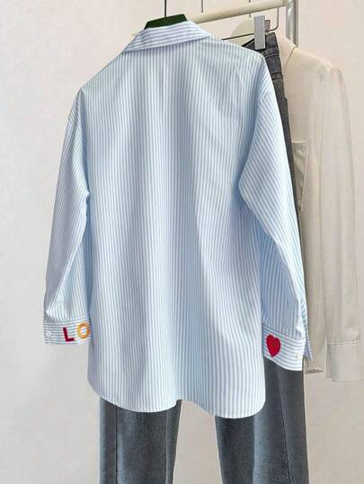 Franclia Chemise à manches longues rayée classique, motif délicat brodé, coupe ample et confortable