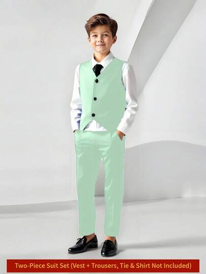 2 pièces Tenue de gentleman pour garçon préadolescent, veste sans manches et pantalon, costume formel élégant pour anniversaire, mariage, anniversaire, baptême, remise de diplôme