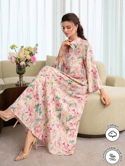 Yasmyna Chemise longue imprimée à col rabattu et boutons, multicolore, modeste, style moyen-oriental d'automne