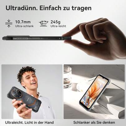 Blackview Fort 2 AI Smartphone léger d'extérieur, Éditeur de photos IA, 24Go + 256Go, Ultra fin 10,7mm, 16MP + 13MP, Écran HD+ 6,56 pouces, Robuste IP68 IP69K, Téléphone mobile sans contrat, Android 15 Double SIM