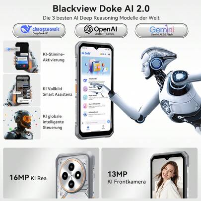 Blackview Fort 2 AI Smartphone léger d'extérieur, Éditeur de photos IA, 24Go + 256Go, Ultra fin 10,7mm, 16MP + 13MP, Écran HD+ 6,56 pouces, Robuste IP68 IP69K, Téléphone mobile sans contrat, Android 15 Double SIM