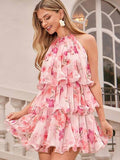 Amorya Robe courte élégante pour femmes avec imprimé floral, décoration métallique et volants multicouches. Convient pour les invités de mariage, les rendez-vous, les vacances, les déplacements. Robe d'invitée de mariage, robe de plage, tenues de festival