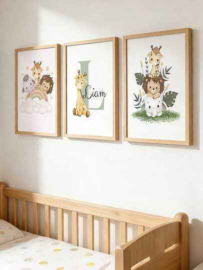 Ensemble d'art de nurserie personnalisé 3 pièces vert animal, impression girafe lion éléphant, nom personnalisé, art mural de nurserie ami, impression de nurserie faune neutre, art mural animal, convient pour la décoration de la chambre de bébé garçon, sa