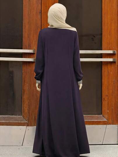 Robe longue maxi violet foncé avec fermeture éclair avant, imprimé géométrique, détails aux poignets et à la taille, robe de vacances décontractée à manches longues amples pour l'automne