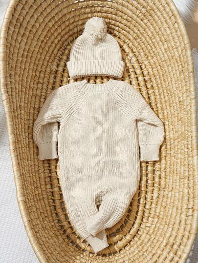 Ensemble 2 pièces tricoté pour nouveau-né garçon fille, barboteuse de photographie avec bonnet à pompon beige, tenue automnale modeste assortie pour famille, ensemble de bienvenue bébé, cadeau de baby shower, vêtements