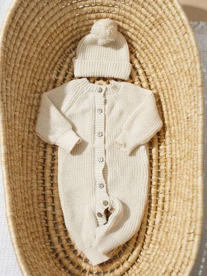 Ensemble 2 pièces tricoté pour nouveau-né garçon fille, barboteuse de photographie avec bonnet à pompon beige, tenue automnale modeste assortie pour famille, ensemble de bienvenue bébé, cadeau de baby shower, vêtements