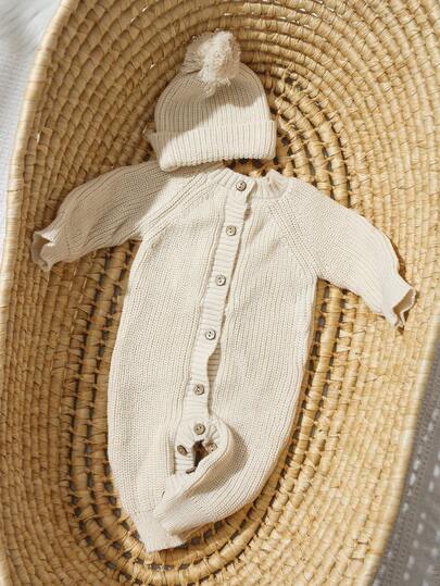 Ensemble 2 pièces tricoté pour nouveau-né garçon fille, barboteuse de photographie avec bonnet à pompon beige, tenue automnale modeste assortie pour famille, ensemble de bienvenue bébé, cadeau de baby shower, vêtements