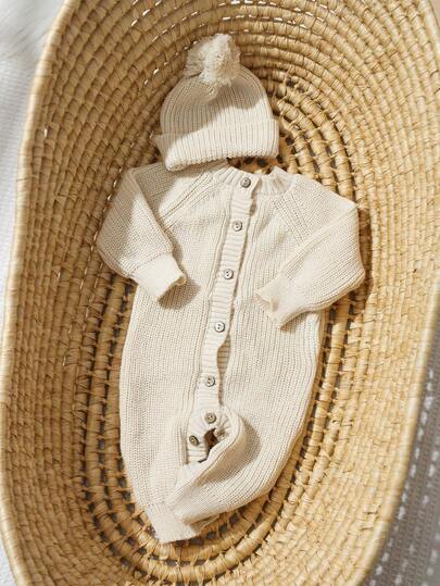 Ensemble 2 pièces tricoté pour nouveau-né garçon fille, barboteuse de photographie avec bonnet à pompon beige, tenue automnale modeste assortie pour famille, ensemble de bienvenue bébé, cadeau de baby shower, vêtements