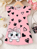 Robe élégante et féminine pour filles, Robe à col rond et manches courtes avec imprimé cœur et chat mignons pour filles, Tenue décontractée simple et confortable pour filles, Vêtements d'été respirants pour sorties et vacances pour filles