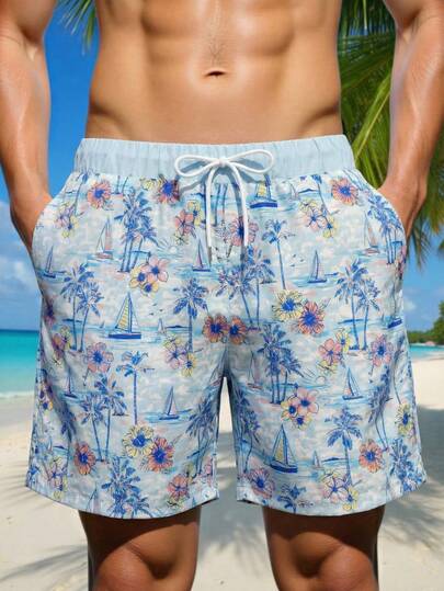 Short de plage décontracté pour homme avec imprimé bateau à voile et palmier