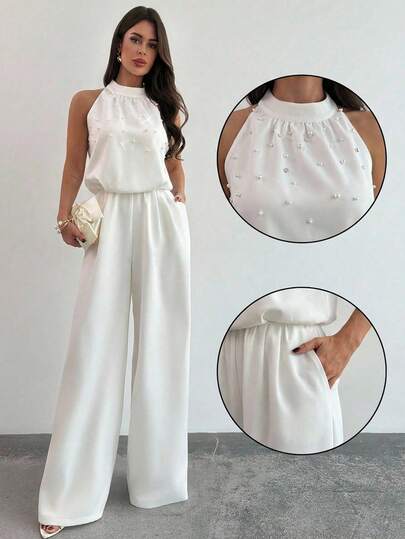 Firerie Pantalon large à col Mao blanc sans manches avec décoration de perles, coupe slim pour femmes. Combinaison blanche romantique avec perles, combinaison sans manches. Tenue de bureau élégante pour femmes, idéale pour une cérémonie de remise des dipl