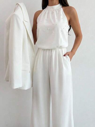 Firerie Pantalon large à col Mao blanc sans manches avec décoration de perles, coupe slim pour femmes. Combinaison blanche romantique avec perles, combinaison sans manches. Tenue de bureau élégante pour femmes, idéale pour une cérémonie de remise des dipl