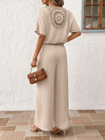 Clasi Ensemble 2 pièces pour femmes avec blouse élégante col V et pantalon large à imprimé feuilles