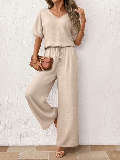 Clasi Ensemble 2 pièces pour femmes avec blouse élégante col V et pantalon large à imprimé feuilles