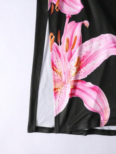 Robe longue sans manches d'été pour filles, imprimé de fruits colorés avec une ambiance ludique, silhouette ajustée avec une fente sur le côté, parfaite pour les sorties et les séances photo!