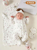 4 pièces Ensemble cadeau pour nouveau-né fille rose clair à fleurs Ditsy Mignon Automne Vacances Body en tricot doux Bandeau Nœud Moufles et Couverture d'emmaillotage 0-9 mois Layette