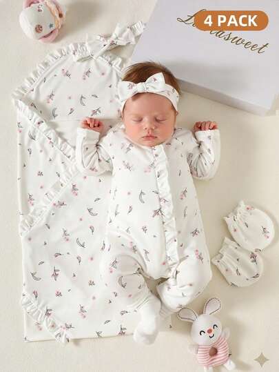4 pièces Ensemble cadeau pour nouveau-né fille rose clair à fleurs Ditsy Mignon Automne Vacances Body en tricot doux Bandeau Nœud Moufles et Couverture d'emmaillotage 0-9 mois Layette